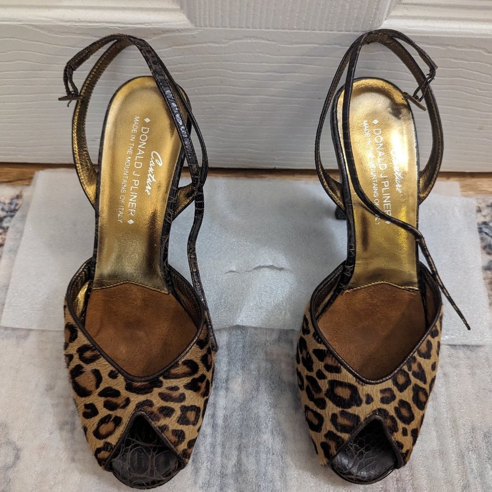 Donald Pliner Calfhair and leather, leopard print, open toe heels